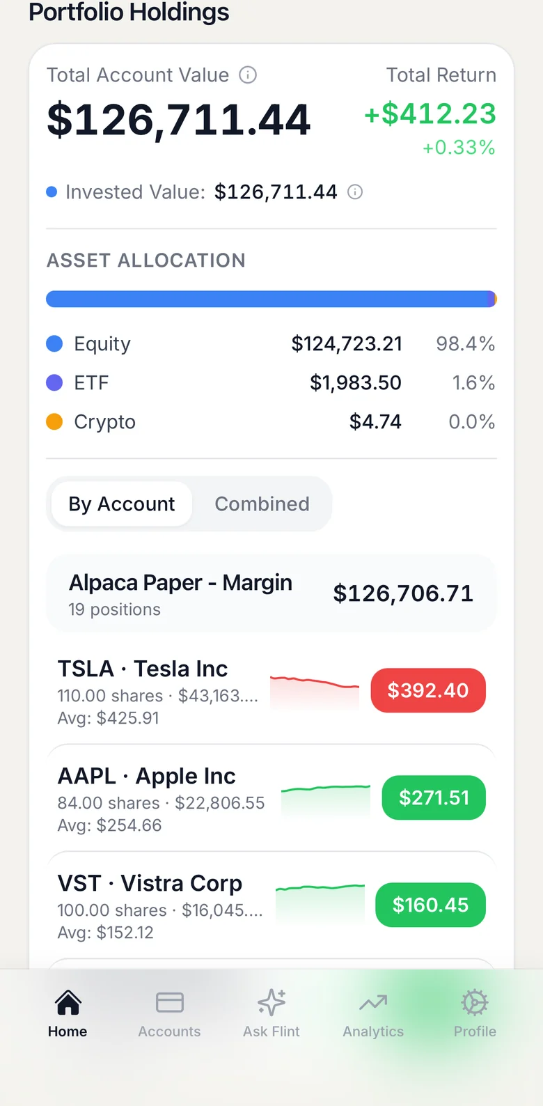Flint portfolio holdings — every stock, ETF, and coin you own